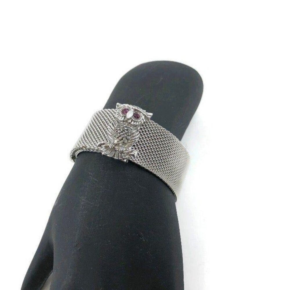Vintage Silver Tone Metal Mesh Owl Slide Bracelet